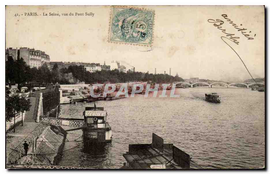 Paris - La Seine - Vue du Pont Sully - bateau - boat - CPA 