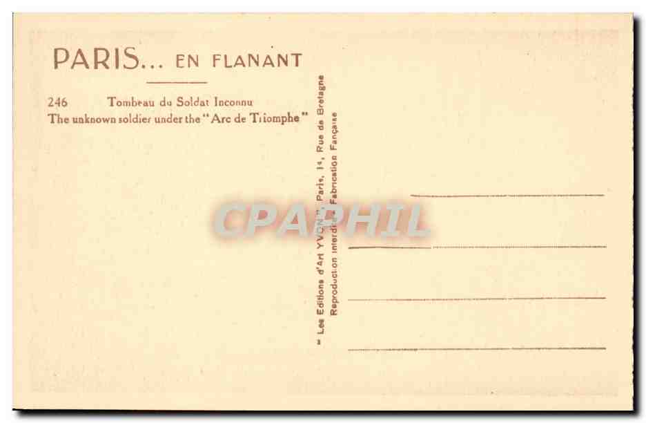 Paris CPA Tombeau du soldat inconnu Arc de Triomphe — Verso