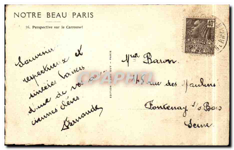 Paris CPA Perspective sur le Carrousel — Rückseite