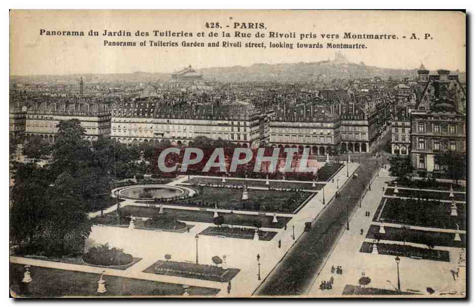 Paris CPA Panorama du Jardin des Tuileries et de la rue de Rivoli pris vers Montmartre