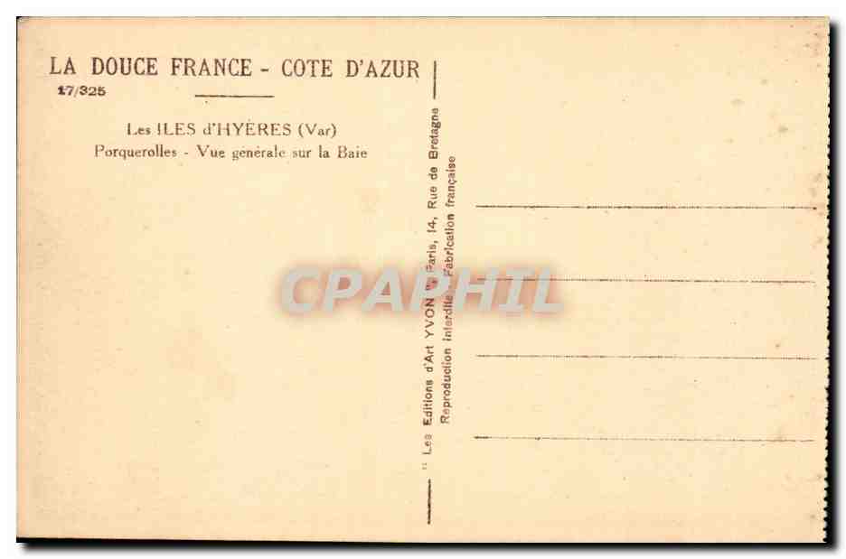 Porquerolles — Vue générale sur la Baie — Les Éditions d'Art YVON, Paris — Rückseite