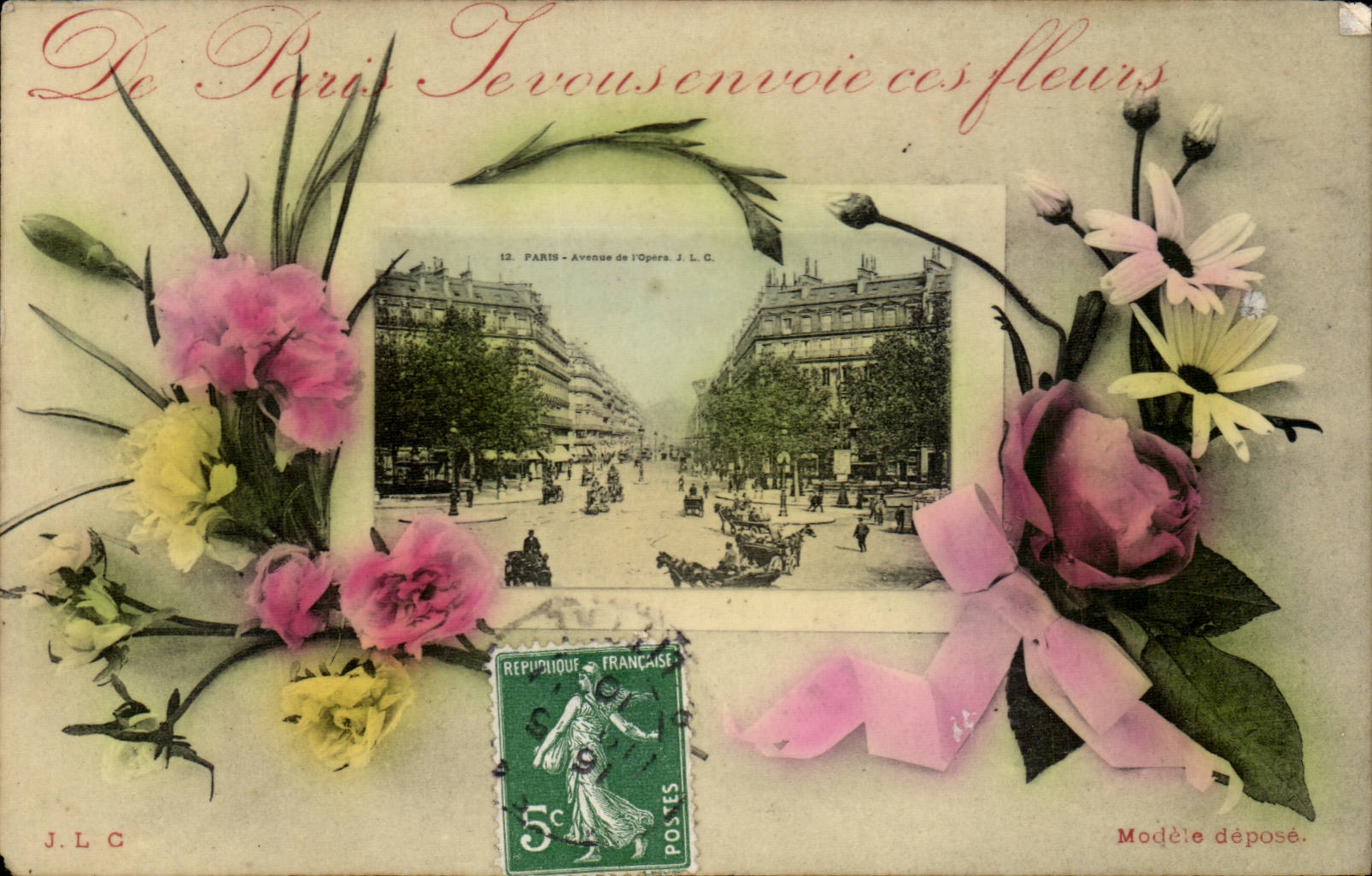 Paris CPA Je vous envoie ces fleurs Fantaisie Avenue de l'opera