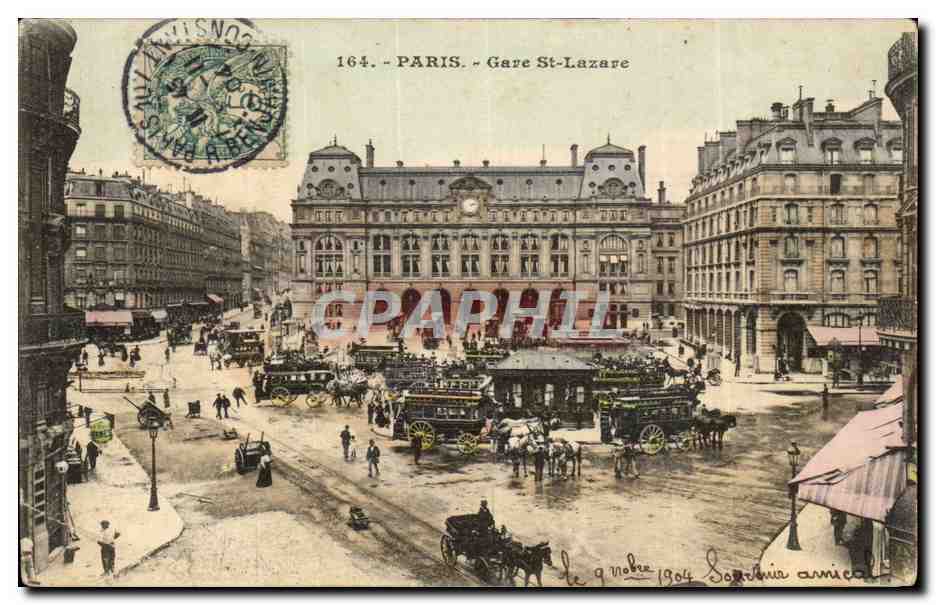 Paris - Gare St-Lazare — vue de la gare avec véhicules à cheval — éditeur Paris 164