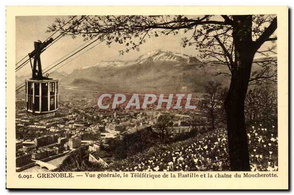 Grenoble — Vue générale, le Téléphérique de la Bastille et la chaîne du Moucherotte — éditeur A. Noëlbert, rue Colbert, Grenoble