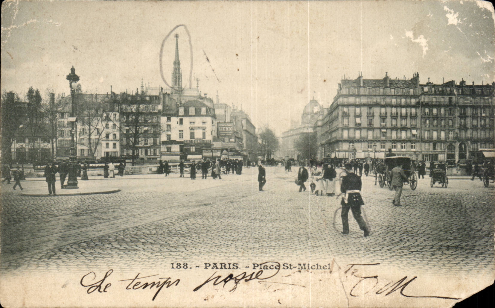 Paris - Place Saint-Michel — vue de la place avec piétons et voitures — éditeur T.O.M. n° 188