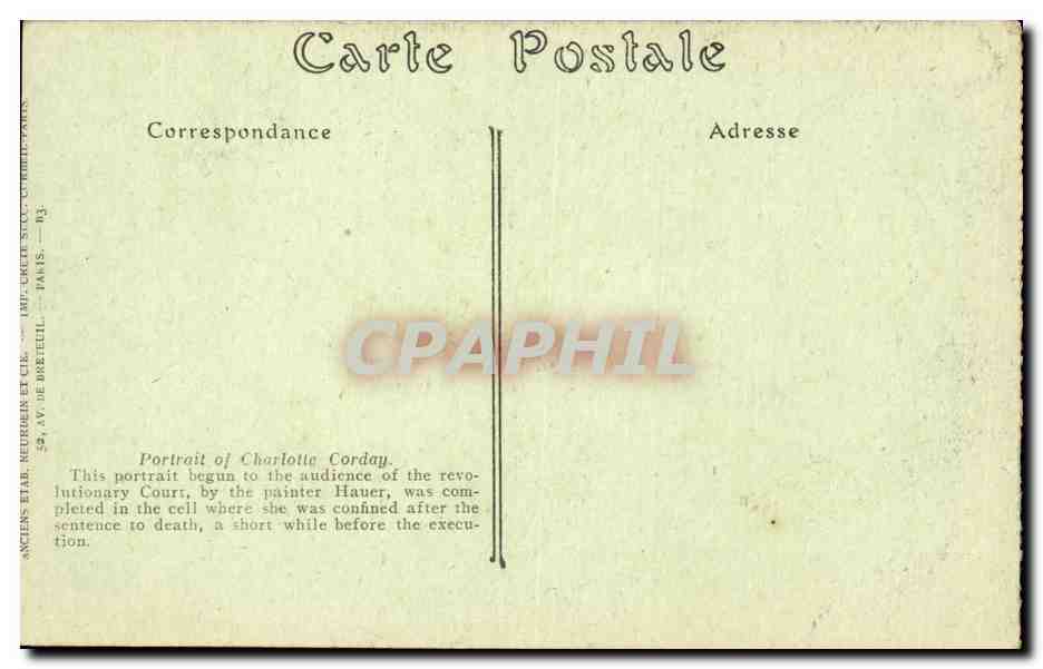 Arts - Tableaux - Portrait de Charlotte Corday - CPA  — Verso