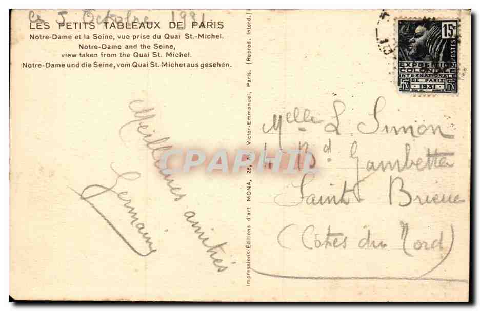 Paris - 4 - Notre Dame CPA  — Verso