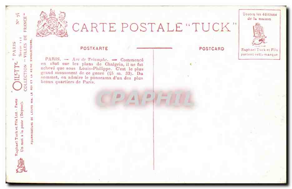 Paris CPA Arc de triomphe — Rückseite