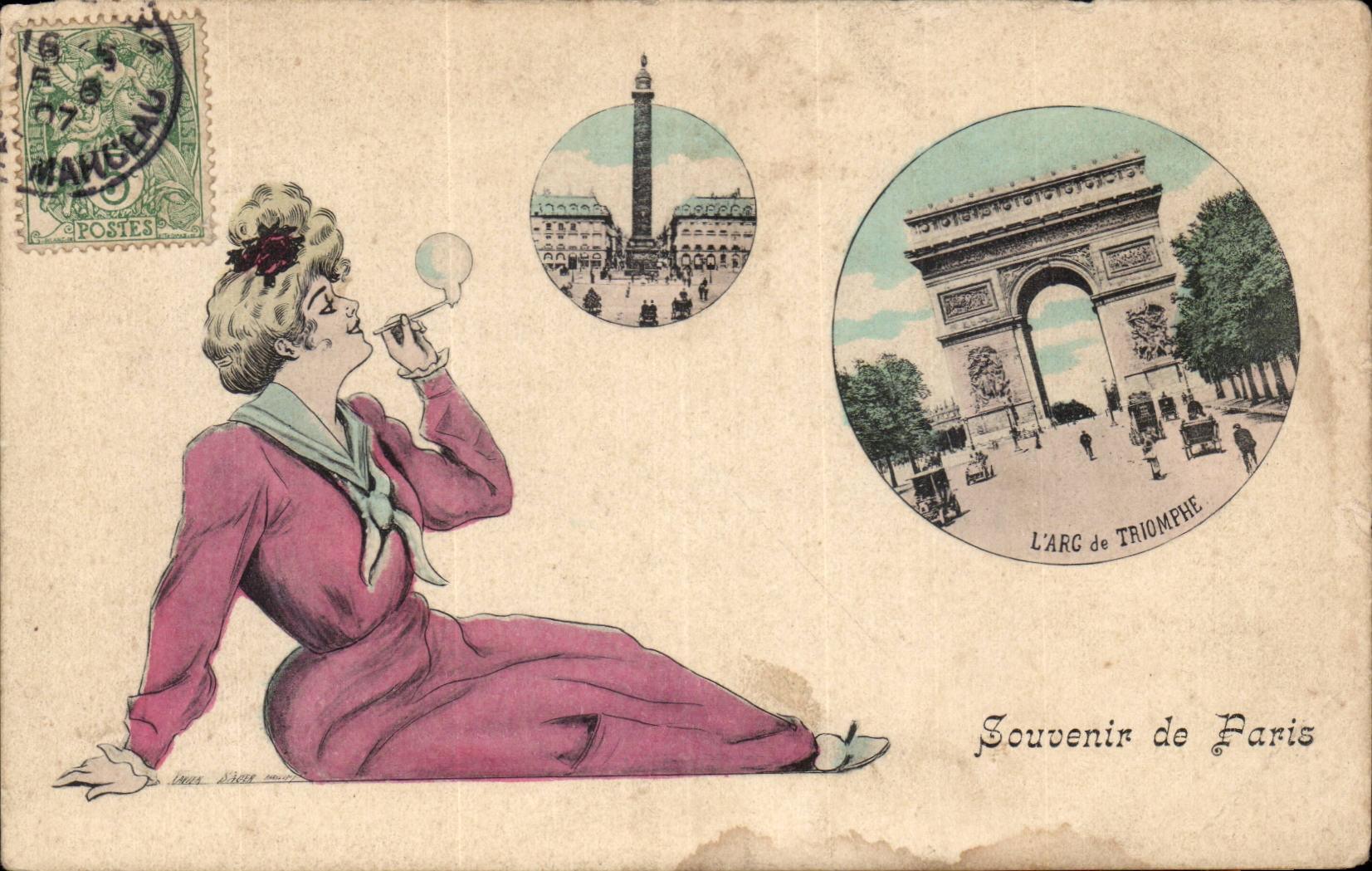 Paris CPA Souvenir de Paris Femme Place Vendome Arc de triomphe