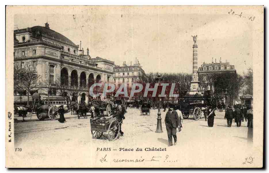 Paris – Place du Châtelet — vue de la place avec colonne et bâtiments — B. E. Paris, n° 170