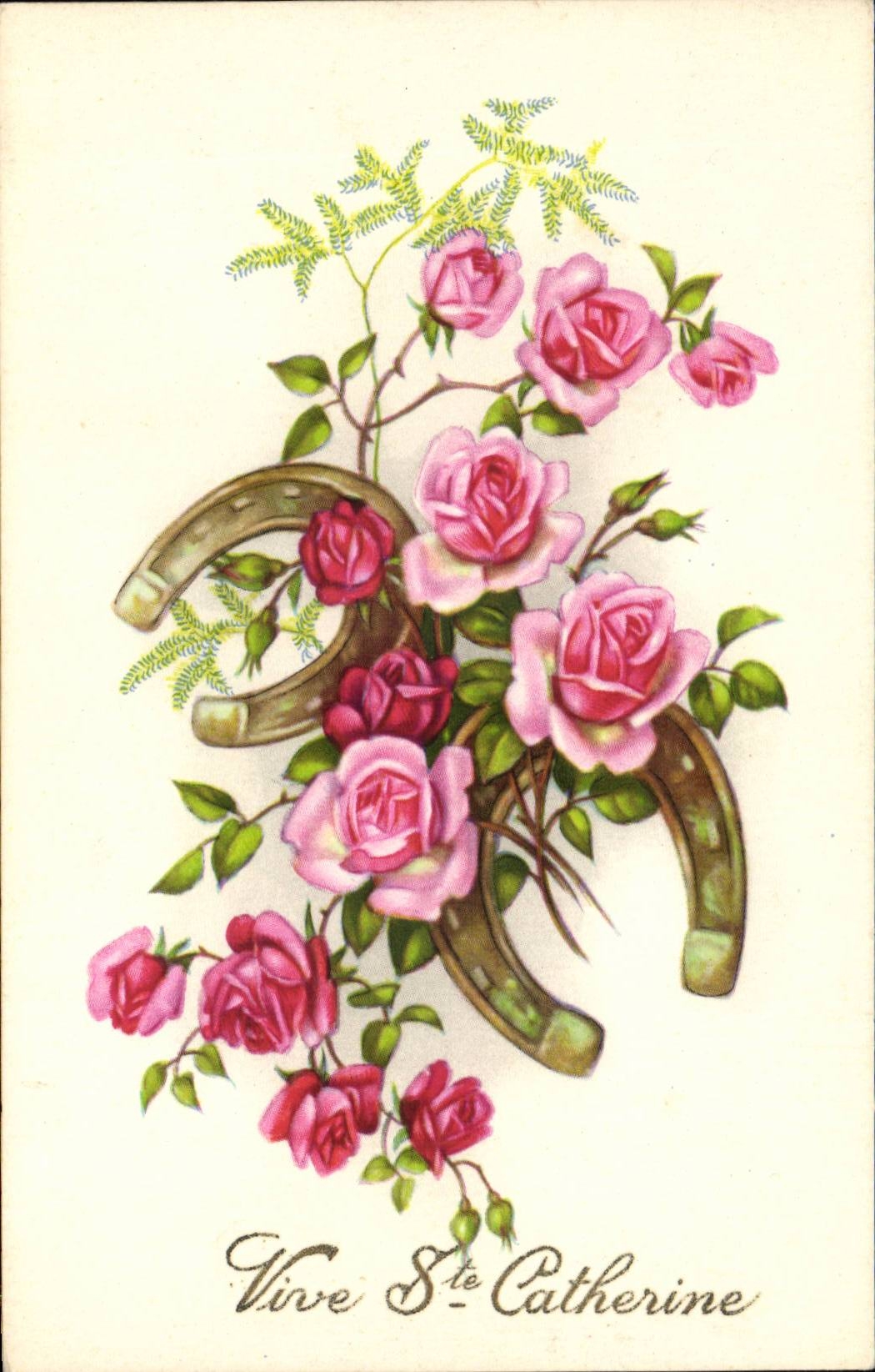 CPA Fantaisie Vive Ste catherine fleurs Fer a cheval