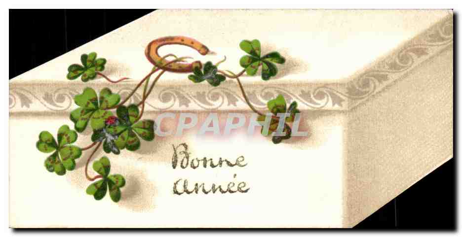 CPA Fantaisie Bonne annee Fleurs Trefle Boite Box Fer a cheval