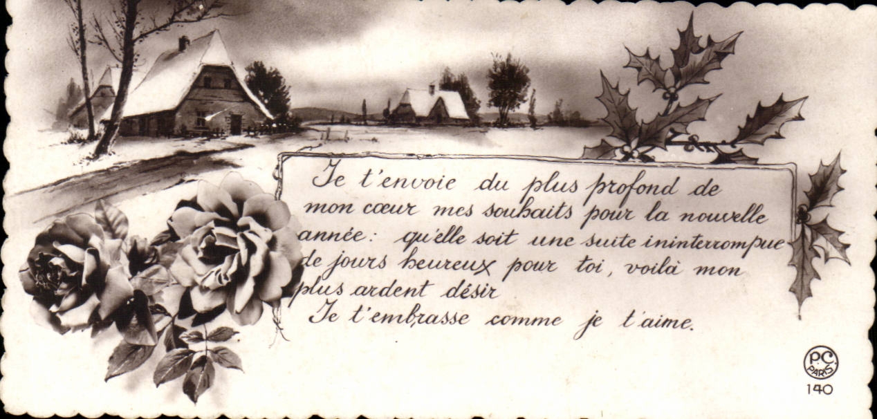 CPA Fantaisie Voeux Fleur et village sous la neige