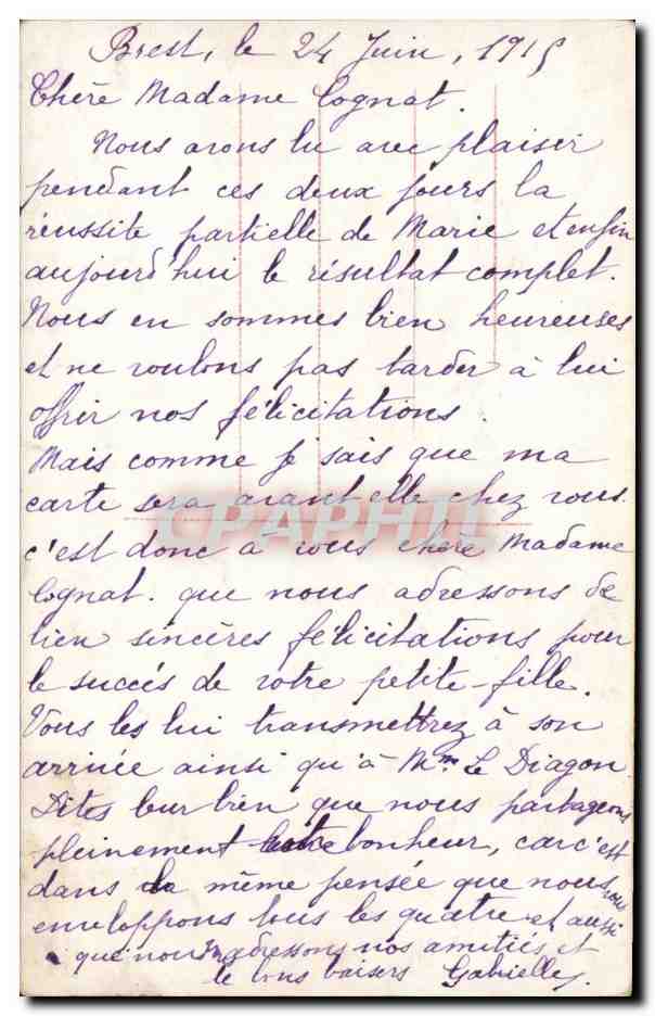 Young woman in a straw hat — holding a bouquet of roses — postcard with handwritten message dated from Brest, 24 June 1918 — Back
