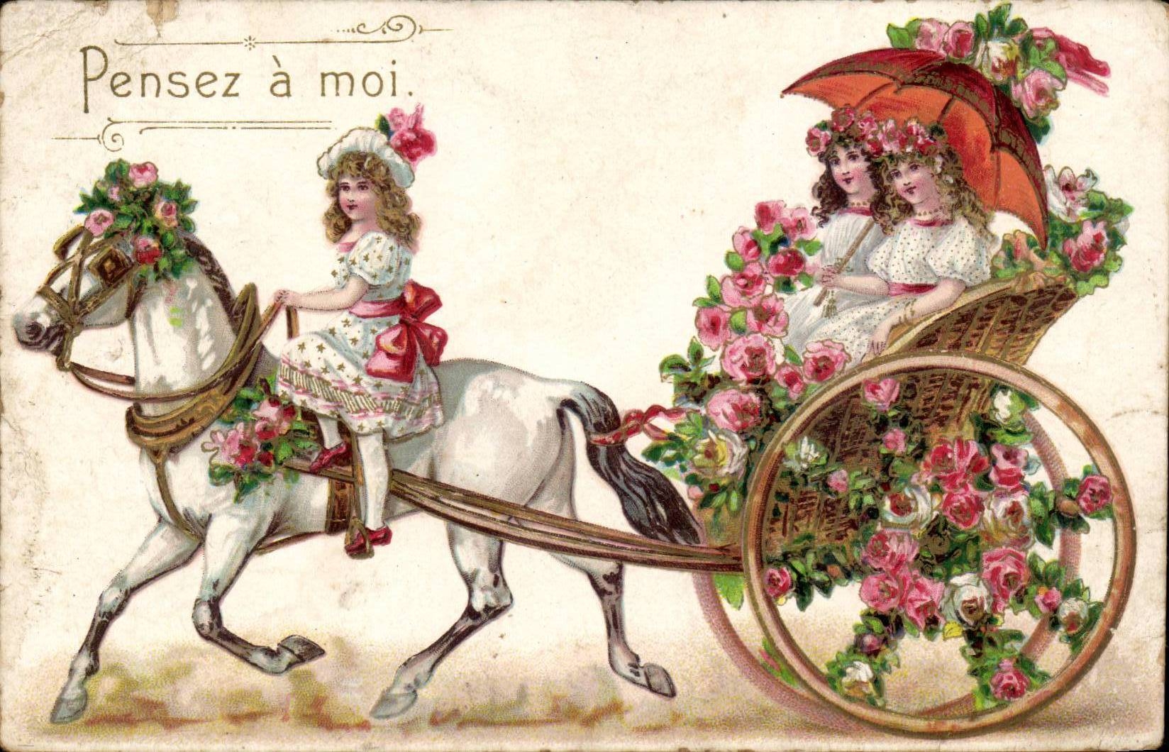 CPA Fantaisie Enfants Pensez a moi (char cehval horse)