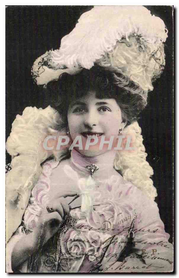 Frau im eleganten Kleid — Hut mit Federn — Verlag Delmay, n° 34