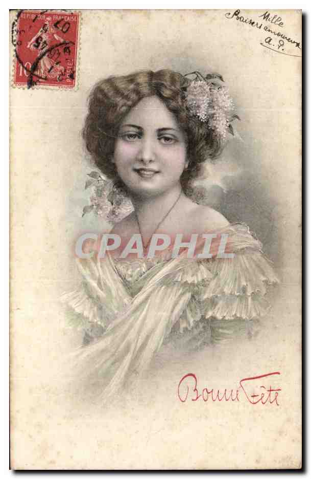 Jeune femme en robe à volants — lilas dans les cheveux — éditeur A.S. n° 644
