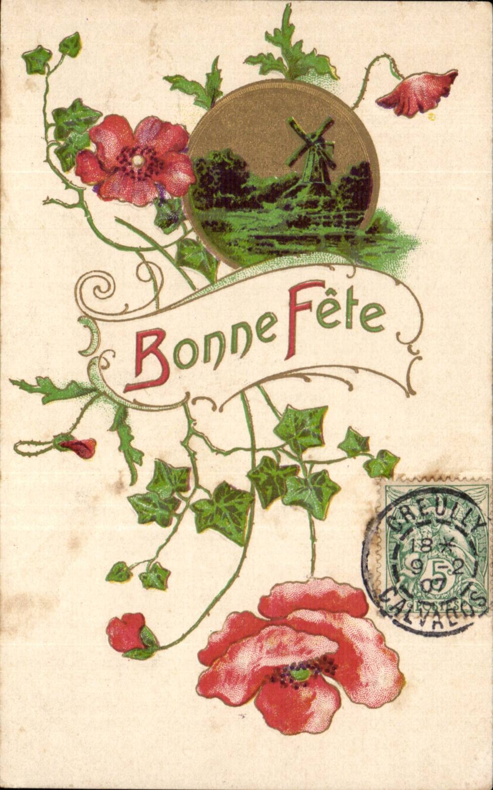Poppies et moulin à vent — Bonne Fête — Éditeur non identifié, n° de série non visible