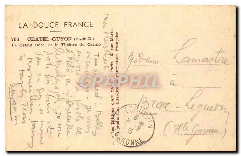 Chatel Guyon CPA Grand hotel et theatre du casino — Back