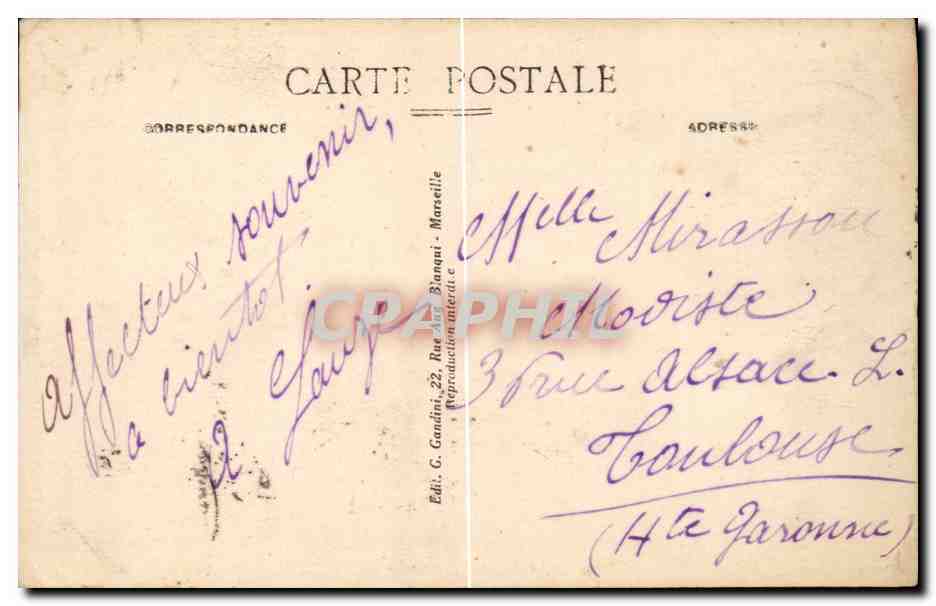 CPA Marseille Place Castellane et fontaine Cantini — Verso