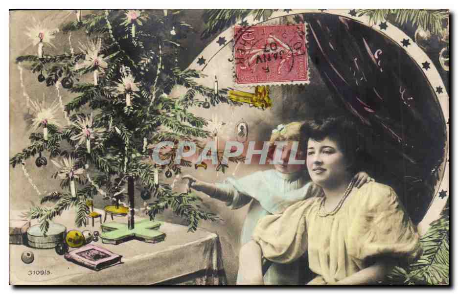 Fête de Noël — Femme et enfant près d'un sapin décoré — Éditeur anonyme, n° 3109/3