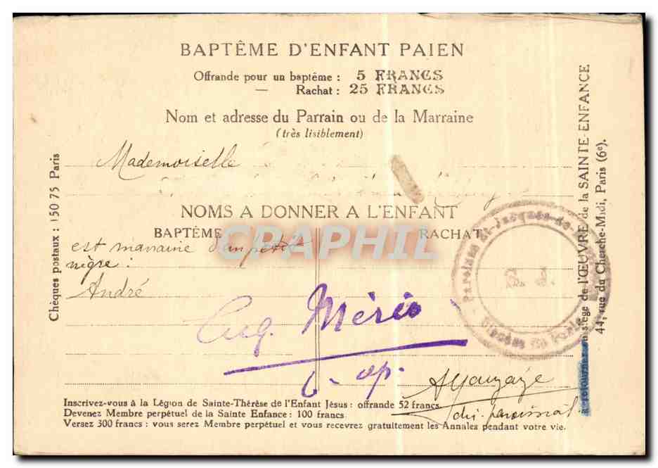 CPA Oeuvre pontificale de la Sainte Enfance Cherche midi Paris Asie Pekin Enfants (China China) — Rückseite