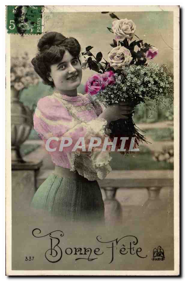 Femme tenant un bouquet de roses — Bonne Fête — Paris, n° 337