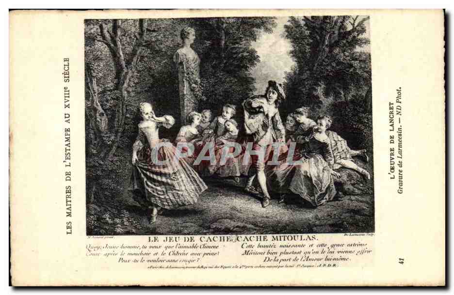 CPA Fantaisie Le jeu de cache cache Mitoulas oeuvre de lancret Gravure de Larmeesin