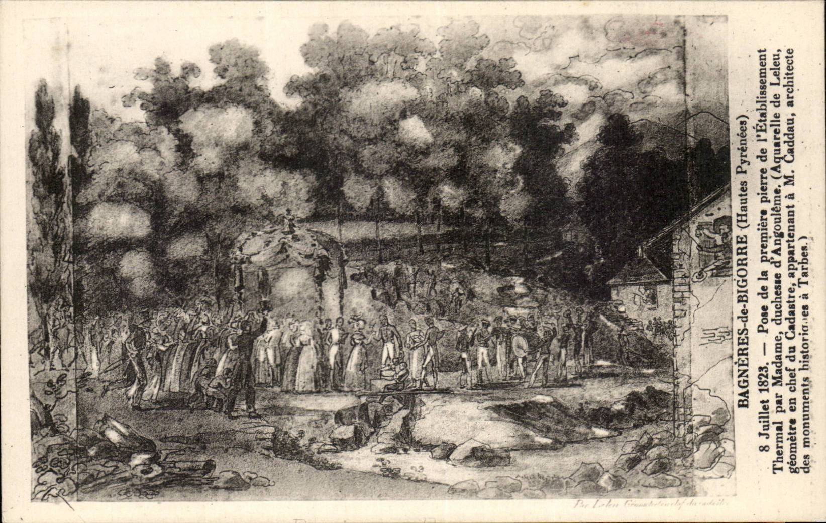 Bagnères-de-Bigorre — Pose de la première pierre de l'établissement thermal — Éditeur : L. Lelou (Hautes-Pyrénées)