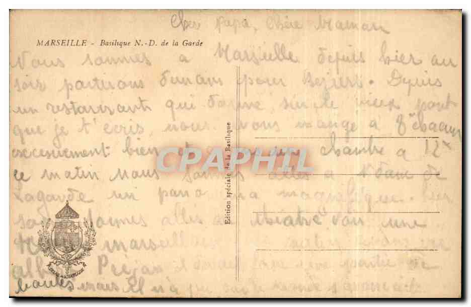 CPA Marseille Basilique de ND de la Garde — Verso
