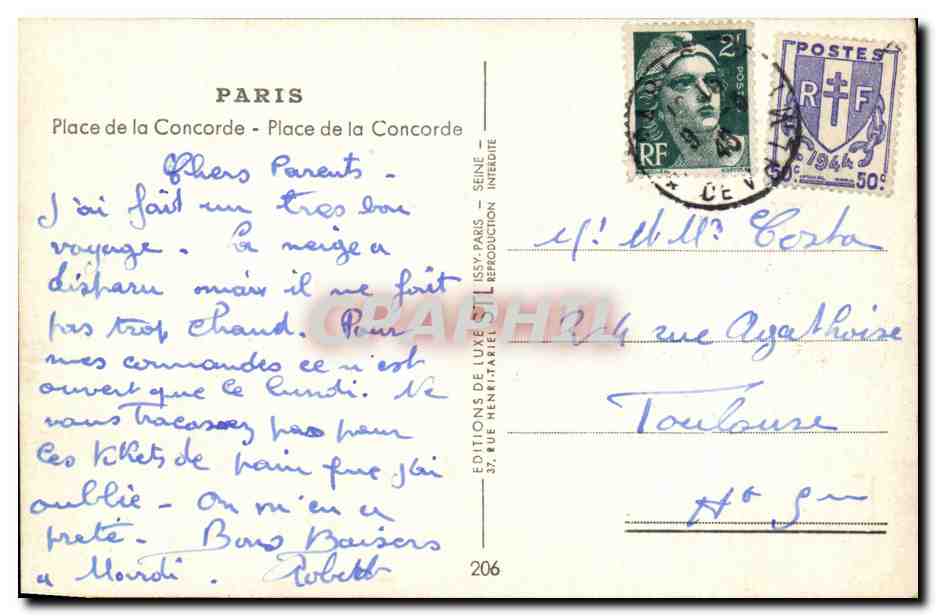 CPA Paris Place de la Concorde  — Verso