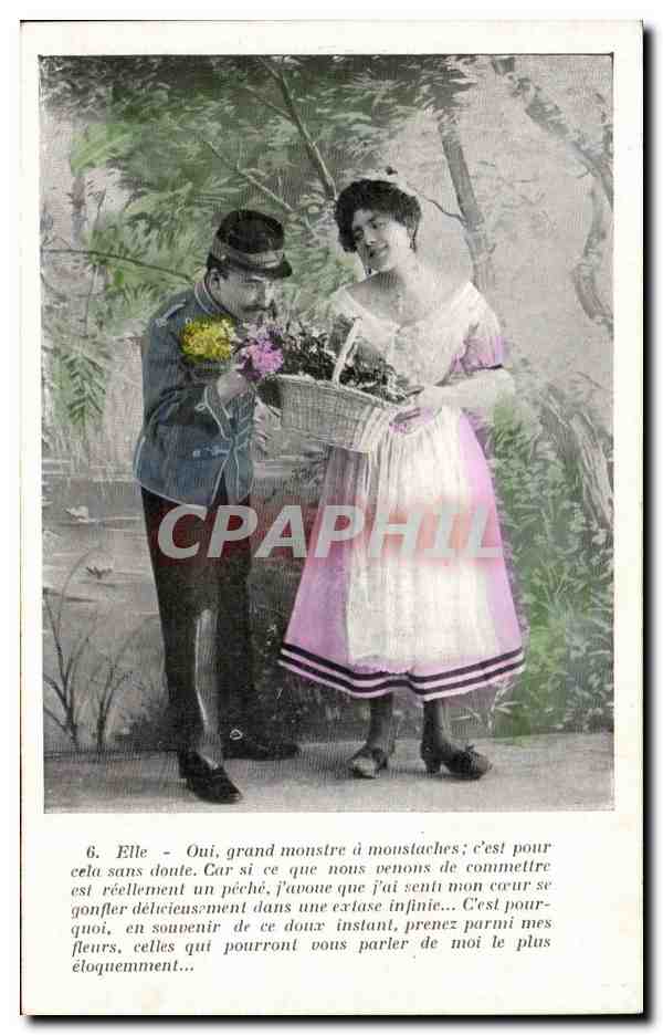 Fantaisie - Couple - Oui Grand Monstre a moustache - CPA 