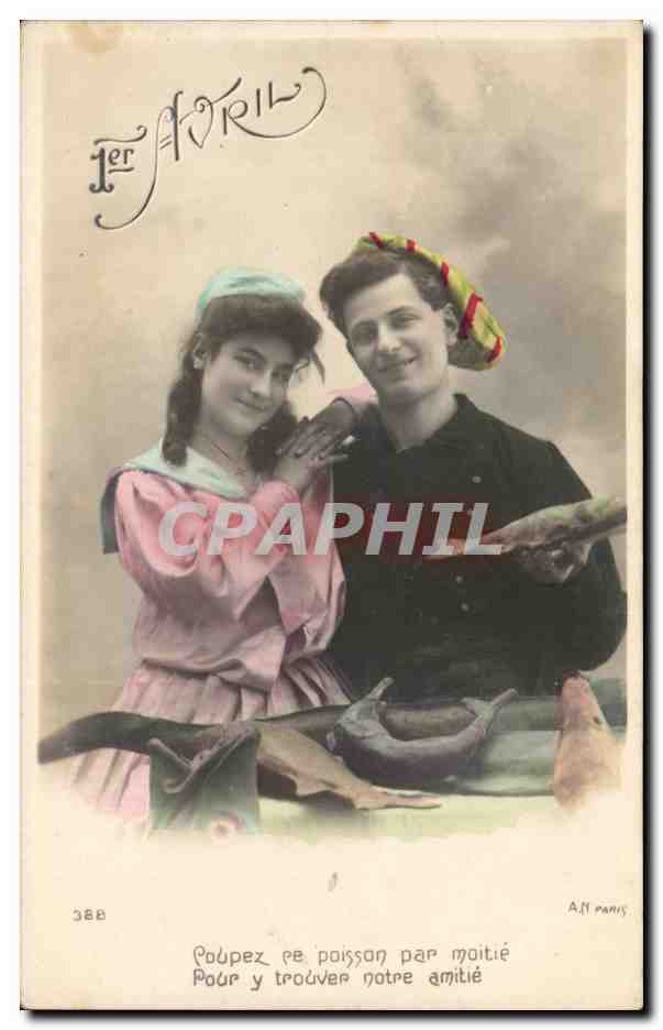 Fantaisie - Couple - Poisson d'Avril - Fete - April 1 - CPA 