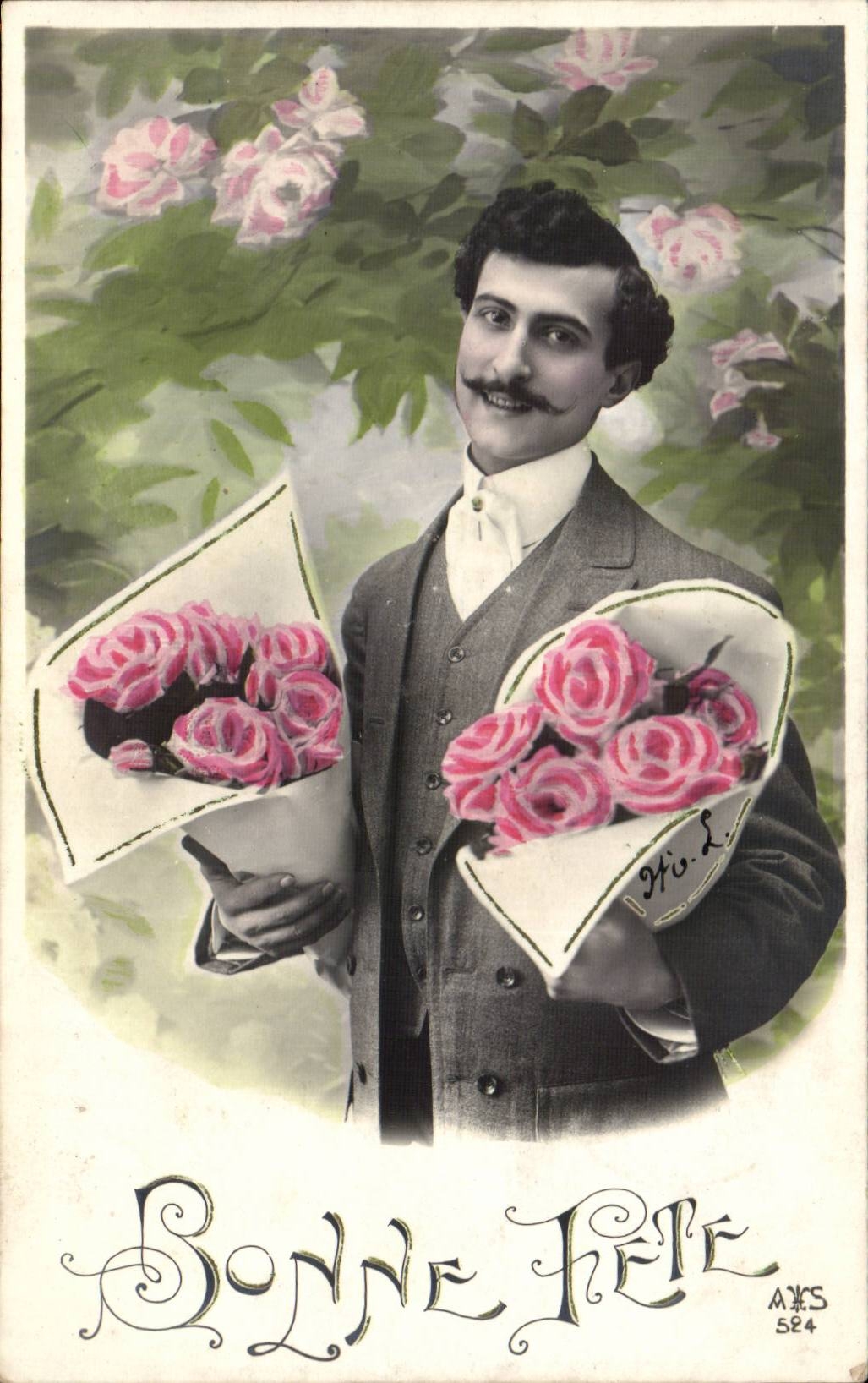 Fantaisie - Homme - Bonne Fete - Handsome chap with flowers - CPA 