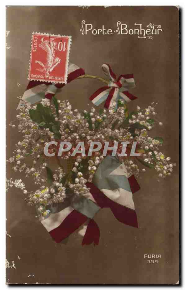 Fleurs - Flowers - Porte Bonheur - Muguet - Lily of the Vallry - Ruban drapeau - CPA 