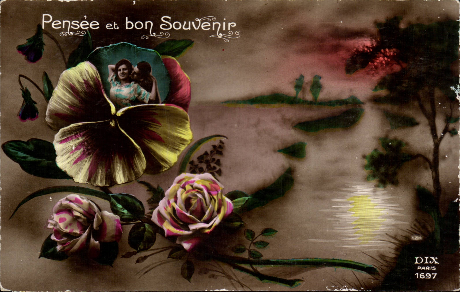 Fantaisie - Couple - pensee et bon souvenirs - pansy - CPA 