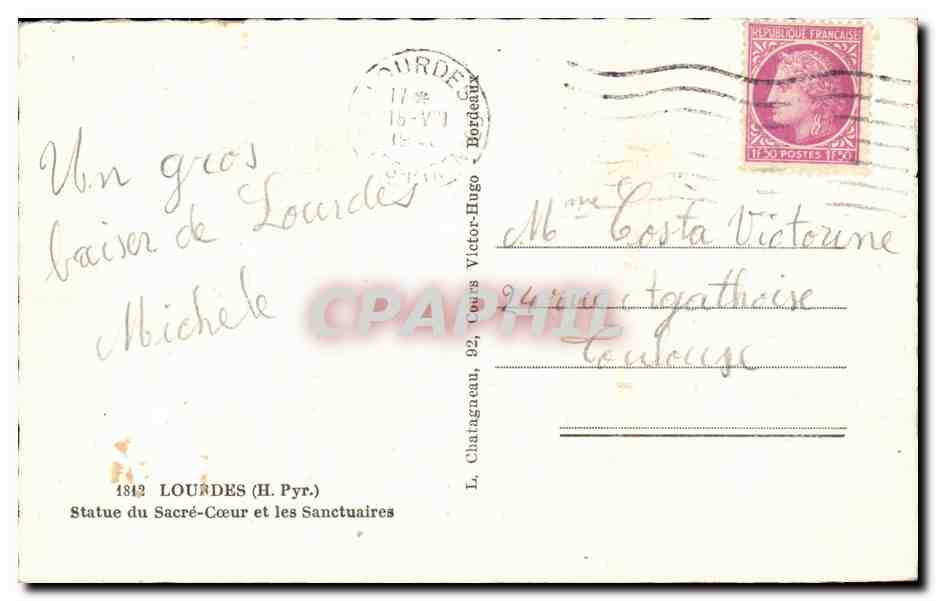 Lourdes - Statue du Sacre Coeur et les Sanctuaires - CPA  — Verso