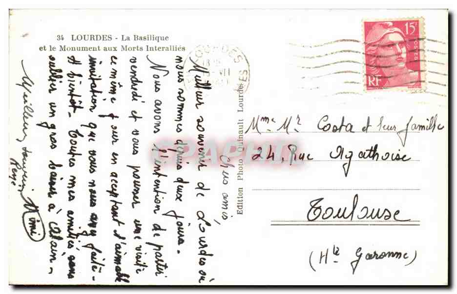 Lourdes - La Basilique et le Monument aux Morts - CPA  — Verso