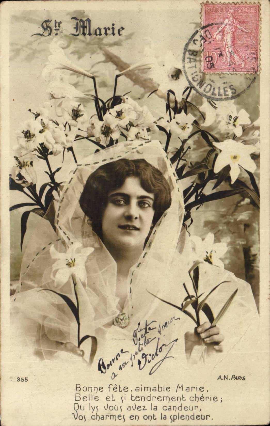 Fantaisie - Femme - Ste Marie - Lys - Lilies - CPA 