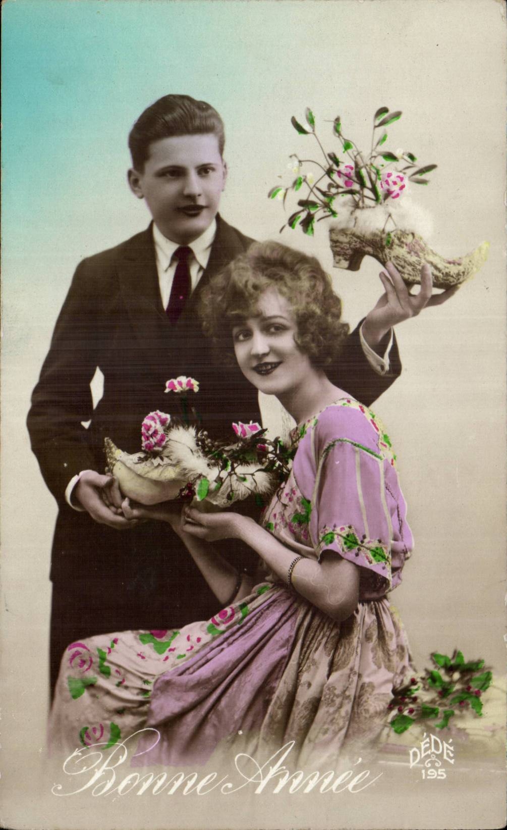 Fetes - Bonne Annee - houx - sabot - holly in wooden shoe - CPA 