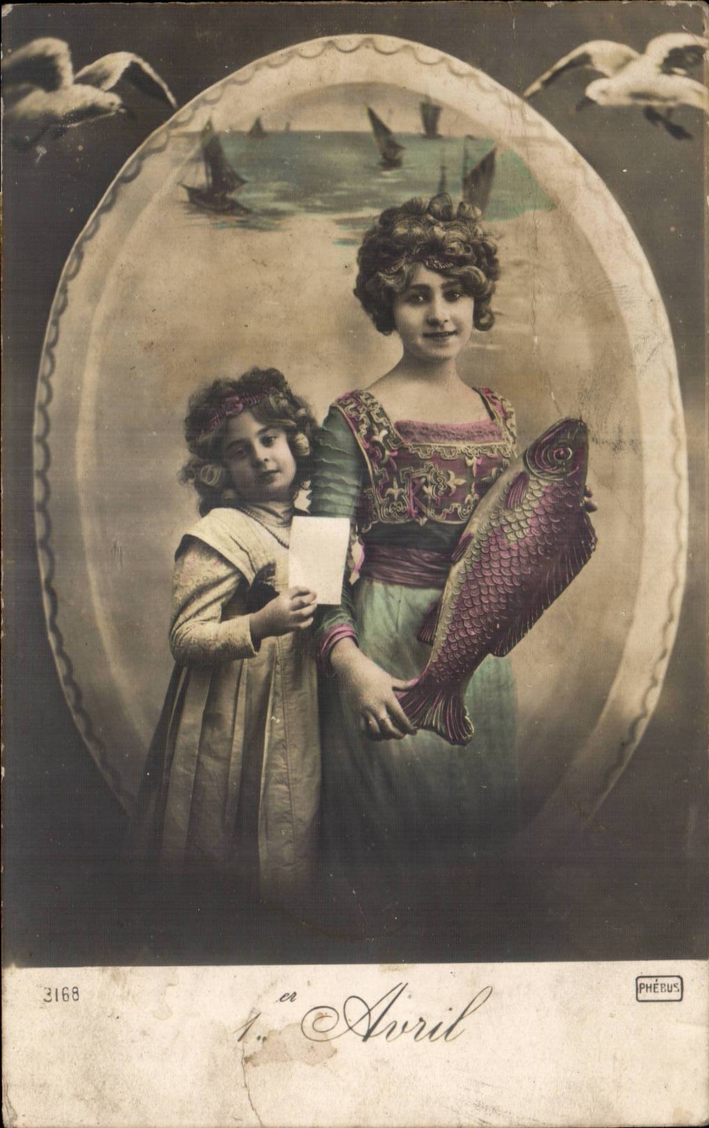 Fantaisie - Femme et Enfant - Poisson d'Avril - fish - April 1 st - CPA 