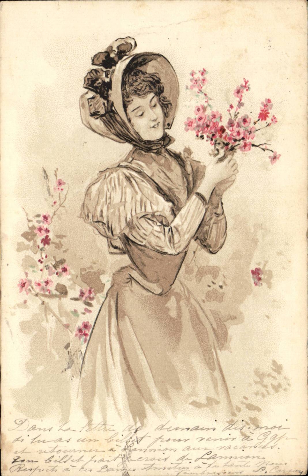 Fantaisie - Femme - Woman clasping flowers with amazing hat - CPA 