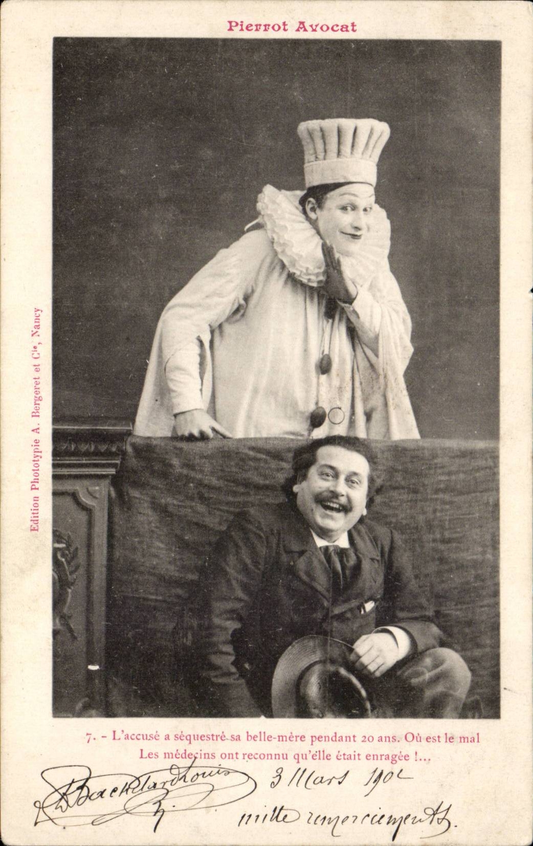 Pierrot Avocat — komische Szene mit Mann in Clowns-Kostüm — Phototypie-Ausgabe A. Bergeret et Cie, Nancy, Nr. 7