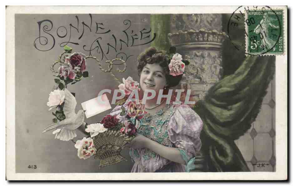 Femme avec bouquet de roses et colombe — Bonne Année — J.K. n°413
