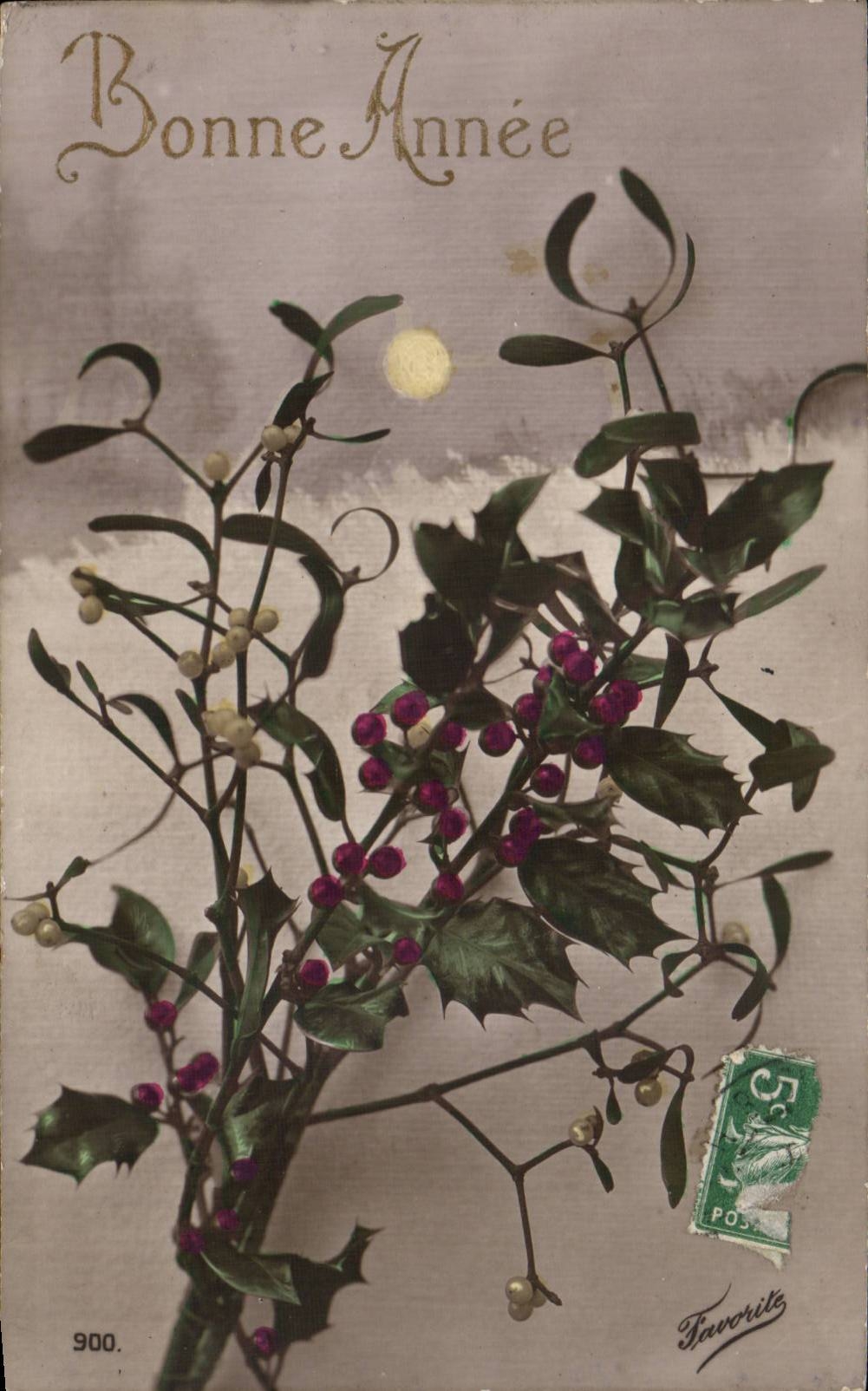 Fetes - Bonne Anne - Houx - holly - nuit - lune - moon - CPA 