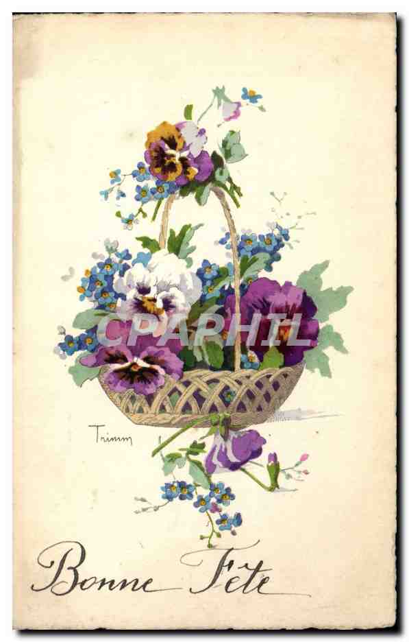 Fetes - Bonne Fete - Pensee - little basket of pansies CPA 