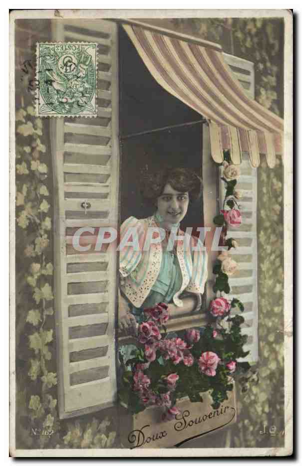 Femme au balcon — roses et lierre — éditeur J. O. N° 162