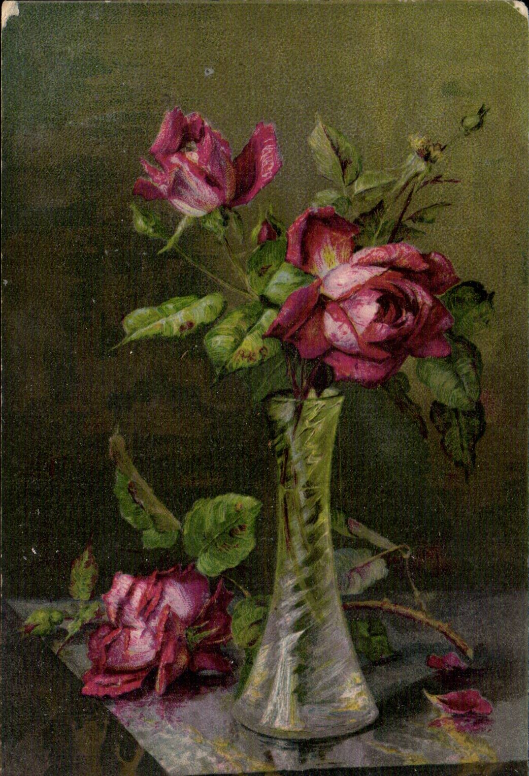 Fleurs - Vase of Roses CPA 
