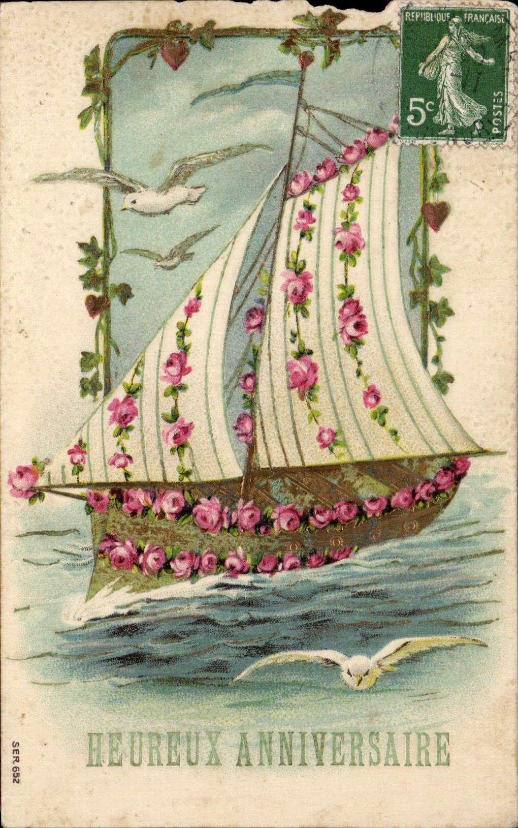 Bateaux - Voilier - sailboat with flowers and streamers Bateau CPA