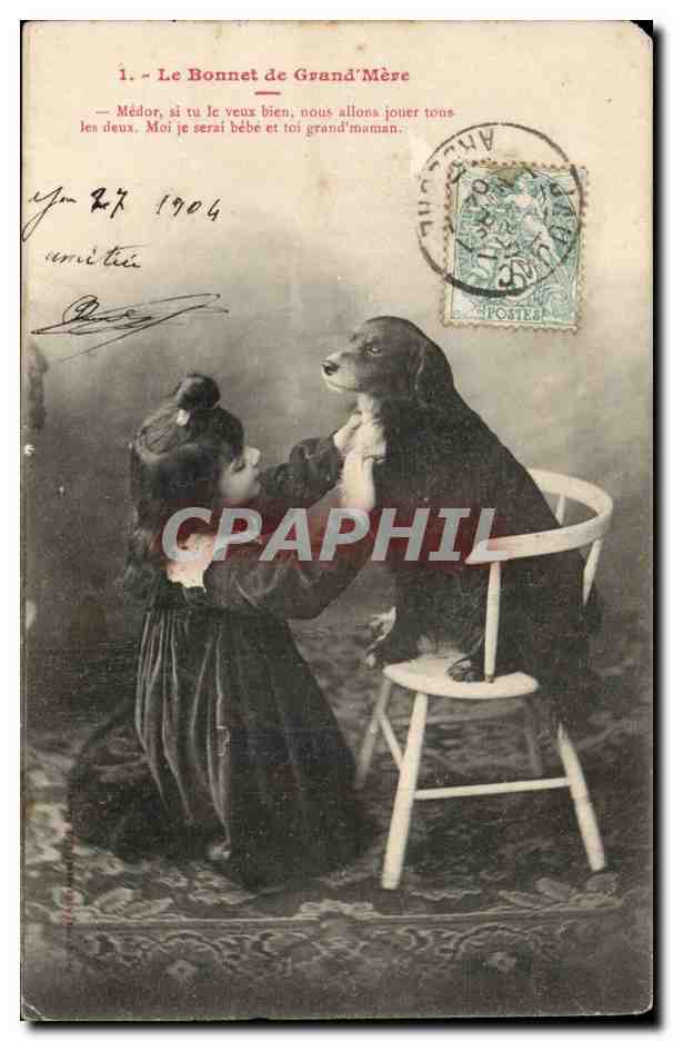 Fantaisie - Enfant et Chien - Bonnet de Grandmere - dog - CPA 